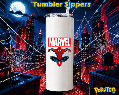 White 20 oz tumbler sipper featuring a dynamic Spider-Man jumping pose with Marvel branding, displayed against a dramatic red-and-blue city skyline with spider webs.