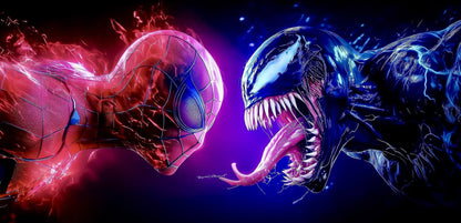 A dramatic digital artwork showing Spider-Man and Venom facing each other in a confrontational pose. Spider-Man is rendered in glowing red and pink tones on the left, while Venom is rendered in dark blue and black tones on the right, with a purple glow between them against a dark space-like background.