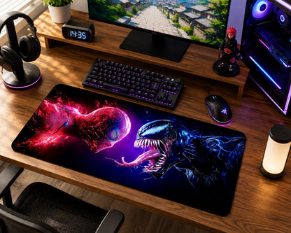 A large gaming desk mat featuring a dramatic Spider-Man and Venom face-off design in vibrant red, purple, and blue, shown on a wooden desk alongside a keyboard, mouse, headphones, and computer setup.