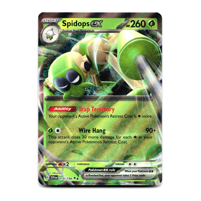 A single Pokémon trading card featuring the character Spidops EX, shown against a plain white background. The card has a green and black design with holographic foil effects and visible Pokémon branding and card text.