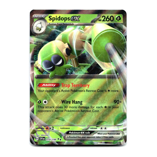 A single Pokémon trading card featuring the character Spidops EX, shown against a plain white background. The card has a green and black design with holographic foil effects and visible Pokémon branding and card text.