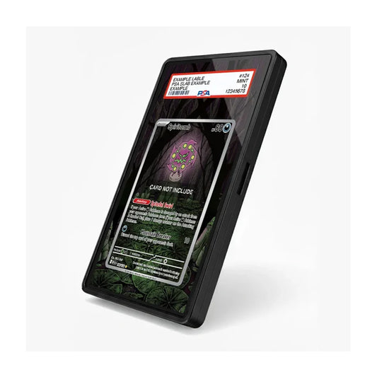 A black plastic card protector case shown at an angle on a light gray background, displaying a sample collectible card inside with a PSA grading label at the top.