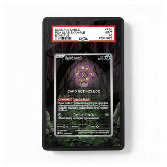 A black rectangular display case holding a single trading card, photographed against a light gray background. The card has a dark fantasy illustration and a PSA grading label at the top that reads 'EXAMPLE LABLE' and 'PSA SLAB EXAMPLE'; this is treated as packaging/display rather than the sold product itself, so visible brand is PSA.