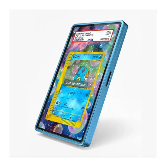 A blue smartphone shown standing upright at an angle on a light gray background. The screen displays a colorful cosmic wallpaper with a Pokémon card graphic and a sample credit card at the top.