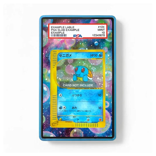 A PSA graded protective slab for a Pokémon card, featuring a colorful cosmic bubble background and a central yellow placeholder card area with the text 'CARD NOT INCLUDE'. The slab has a blue border and a white PSA label at the top.
