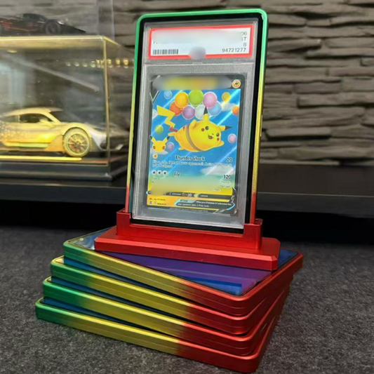 Stack of colorful card holders with a displayed card featuring a cartoon character.