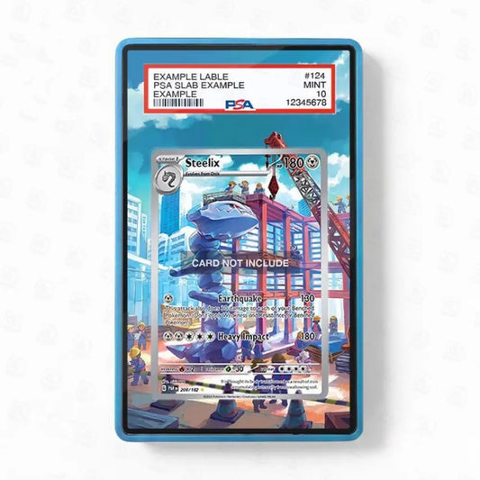 Trading card in a blue protective case with a cityscape background
