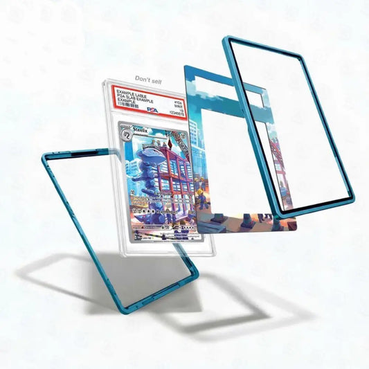 Card with a blue border and transparent protective cover on a white background