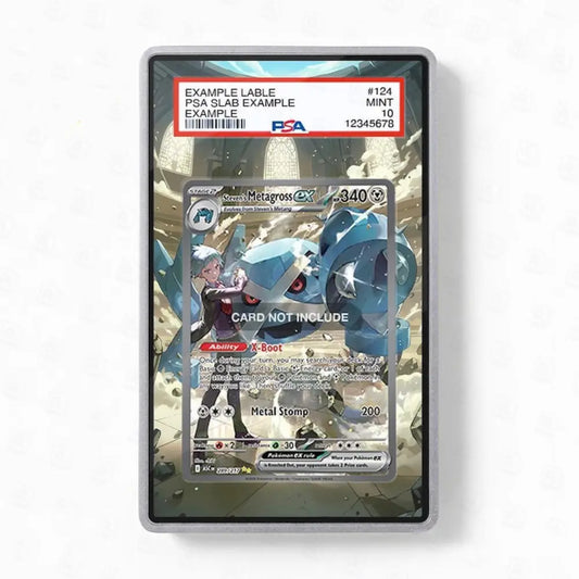 Pokémon trading card in a protective case on a white background