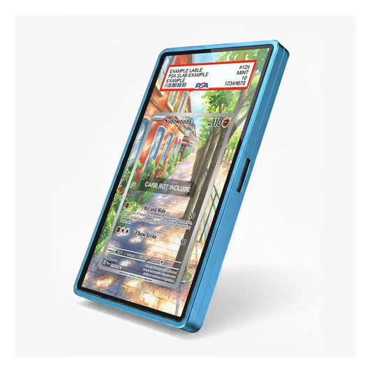 A blue protective phone case with a transparent screen protector, shown at an angle on a light gray background. The screen protector features a sample Pokémon card design with a red header label.
