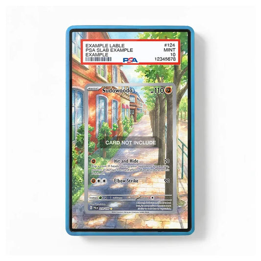A PSA graded slab containing a Pokémon card, shown against a plain white background. The slab has a blue border and a clear top, displaying a sample grading label at the top with PSA branding.
