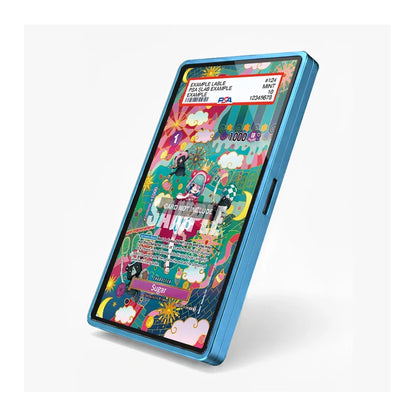 A blue smartphone shown at an angle on a light gray background, displaying a colorful illustrated game or app screen with text such as 'SHOOT' and 'START'. No brand name is visible on the device.