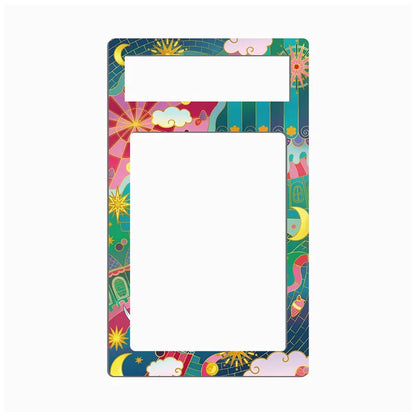A decorative rectangular phone frame or placeholder border with a colorful whimsical pattern around the edges and two blank white cutouts in the center, shown on a plain white background.