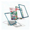 A set of colorful, patterned smartphone screen protectors with metallic blue edges, shown floating in a clean studio presentation with a vintage collectible card in the background.
