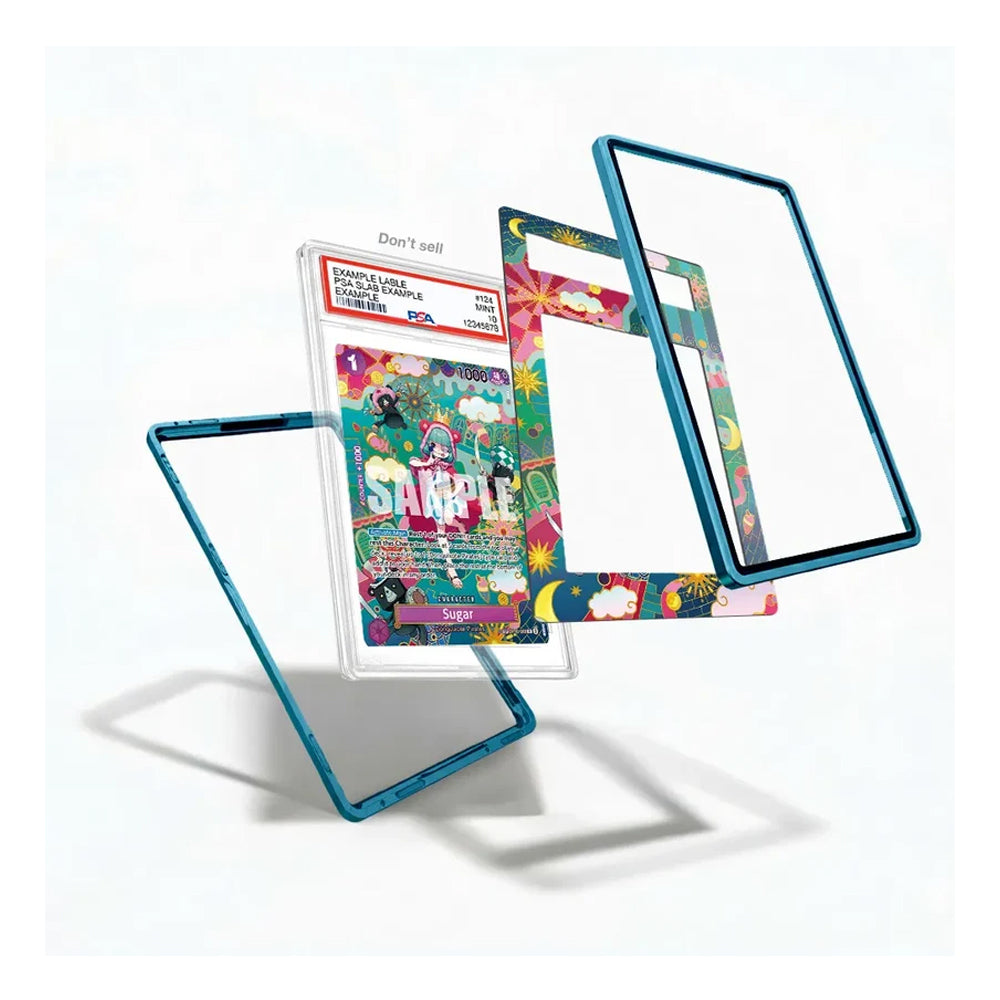 A set of colorful, patterned smartphone screen protectors with metallic blue edges, shown floating in a clean studio presentation with a vintage collectible card in the background.