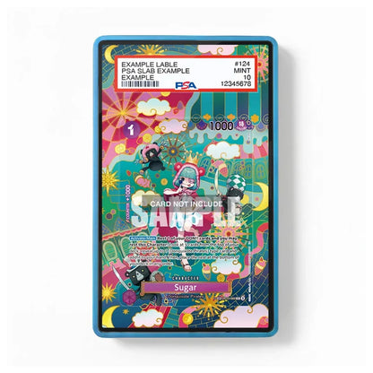 A collectible PZA slab card featuring a colorful, whimsical illustration with anime-style characters and decorative elements, presented in a blue protective slab frame against a white background.