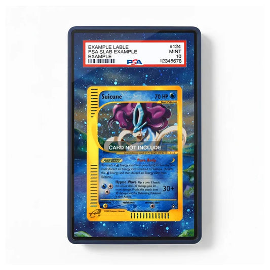 A PSA graded display slab containing a holographic Pokémon Suicune card, set against a clean white background.
