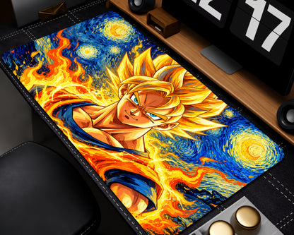 Super Saiyan Goku anime gaming mouse pad featuring golden spiky hair, blue eyes, an orange-and-blue outfit, fiery golden energy, and a swirling blue Starry Night-inspired sky.