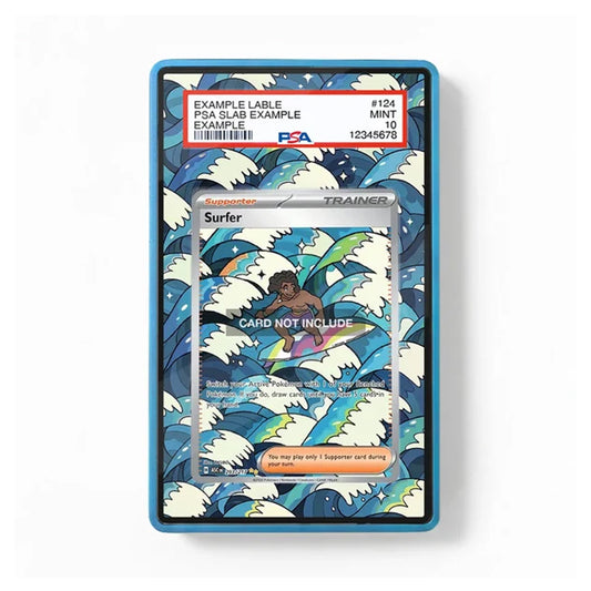 A PSA graded protective card slab featuring a blue and white wave-patterned insert with an example Pokémon-style trading card mounted in the center, shown on a plain white background.
