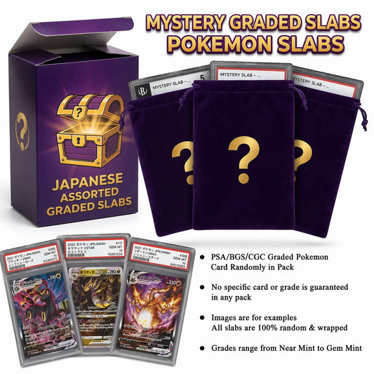 Pokémon card mystery graded slabs packaging with purple bags and card packs.