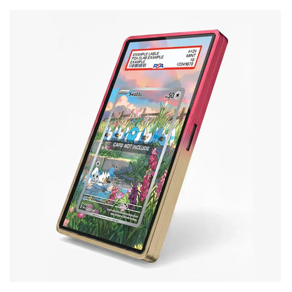 A smartphone shown at an angle with a translucent pink outer frame and a gold inner bezel, displaying a colorful illustrated screen. The screen contains sample UI text and a game-like scene, but this is demo content and not the product itself.