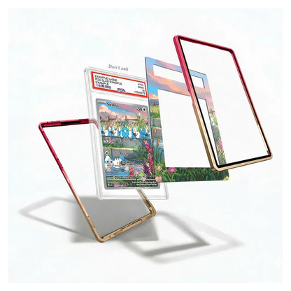 A set of custom phone cases shown floating against a white background, featuring a red-to-gold gradient case, a gold-framed case with a landscape print, and a clear case with a colorful Pokémon card insert.