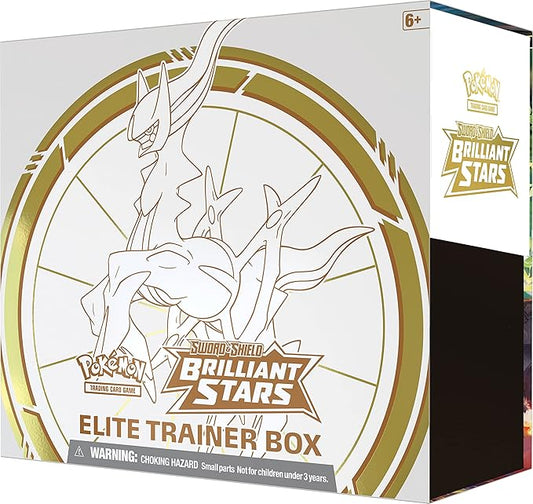 Pokémon Sword & Shield Brilliant Stars Elite Trainer Box packaging with Pokémon logo.