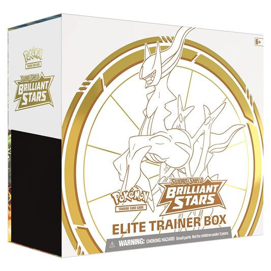 Pokémon Sun & Moon Brilliant Stars Elite Trainer Box packaging with character illustration.