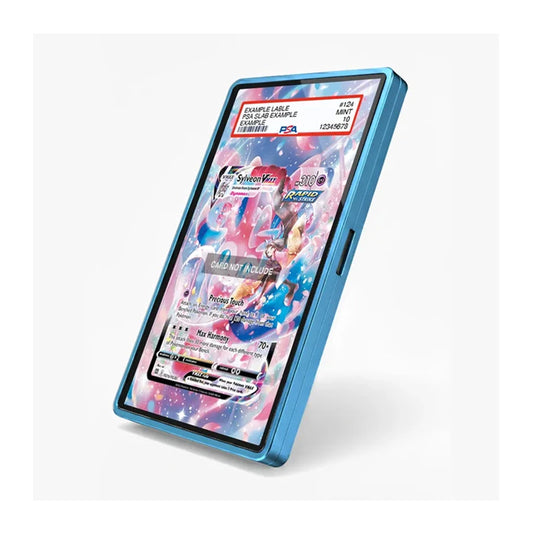 A blue protective smartphone case shown at an angle on a light gray background, featuring a colorful anime-style graphic on the screen.