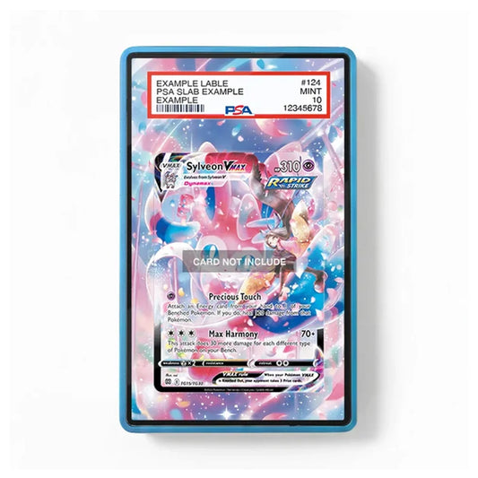 A PSA-certified holographic slab containing a Pokémon TCG card, shown in a blue protective holder against a white background. The slab features a vibrant, colorful holographic print of Sylveon with a 'Card Not Include' overlay.