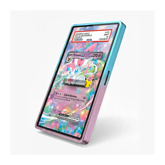 A tablet device with a colorful pastel holographic skin, showing a Pokémon-themed screen wallpaper. The device has a cyan-to-pink gradient border and is photographed on a clean white background.