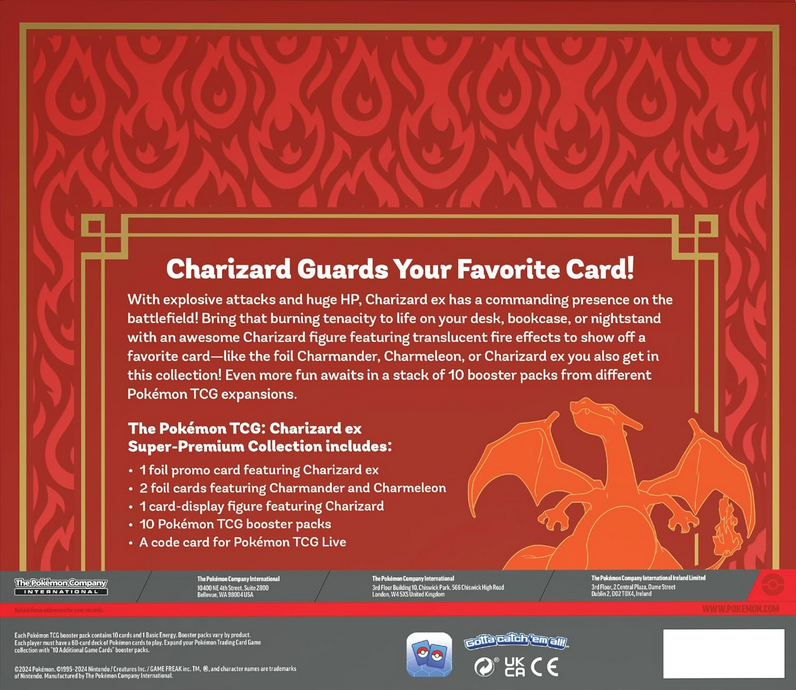 Pokémon TCG Charizard ex packaging with promotional text and Charizard illustration on a red background
