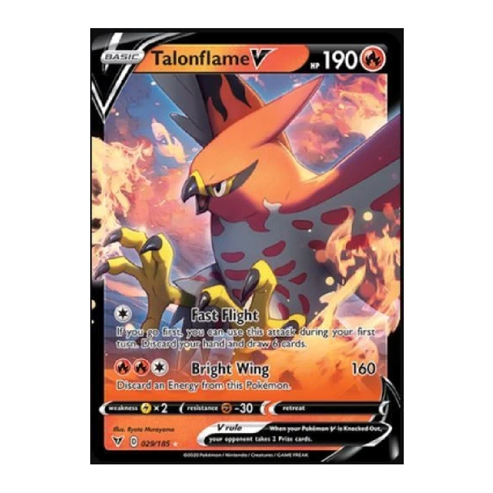 A single Pokémon TCG trading card for Talonflame V, shown against a plain white background. The card features artwork of the fire bird with orange, yellow, and dark gray tones, plus standard card UI elements and a black border.