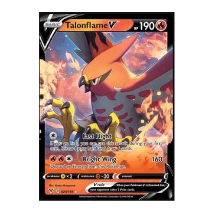 A single Pokémon TCG trading card for Talonflame V, shown against a plain white background. The card features artwork of the fire bird with orange, yellow, and dark gray tones, plus standard card UI elements and a black border.