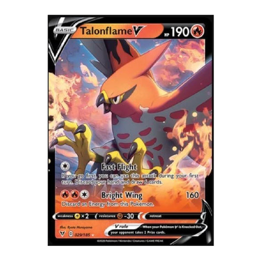 A single Pokémon TCG trading card for Talonflame V, shown against a plain white background. The card features artwork of the fire bird with orange, yellow, and dark gray tones, plus standard card UI elements and a black border.