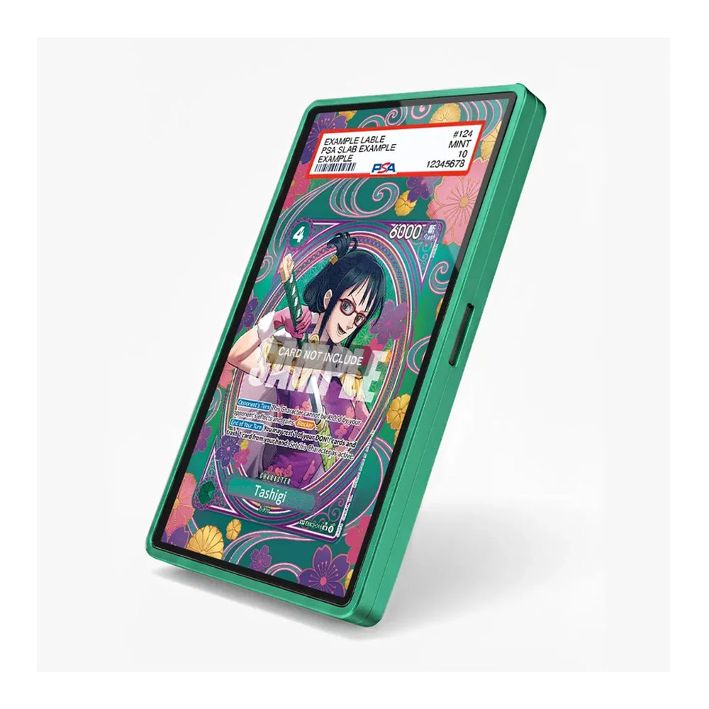 A green smartphone case shown at an angle on a light gray background, with a colorful anime-style screen display visible inside the phone.