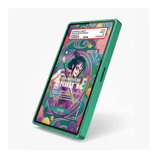 A green smartphone case shown at an angle on a light gray background, with a colorful anime-style screen display visible inside the phone.