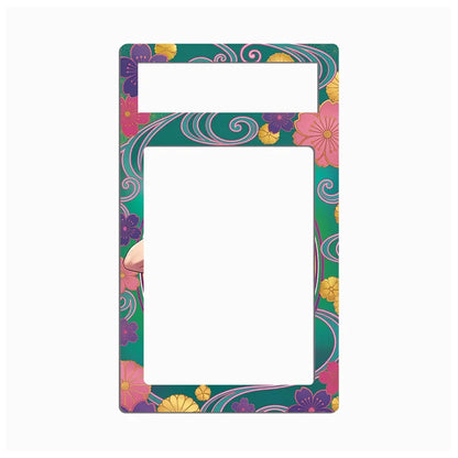 A decorative rectangular frame or mat with a colorful floral and swirl pattern around a large blank white center, shown on a light gray background.