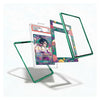 A set of translucent green protective phone case frames shown floating against a white background, with one frame holding a colorful sample card insert.