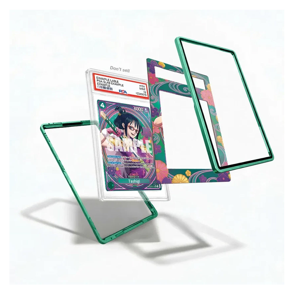A set of translucent green protective phone case frames shown floating against a white background, with one frame holding a colorful sample card insert.