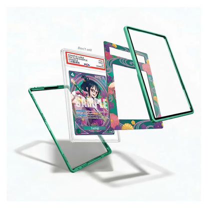A set of translucent green protective phone case frames shown floating against a white background, with one frame holding a colorful sample card insert.