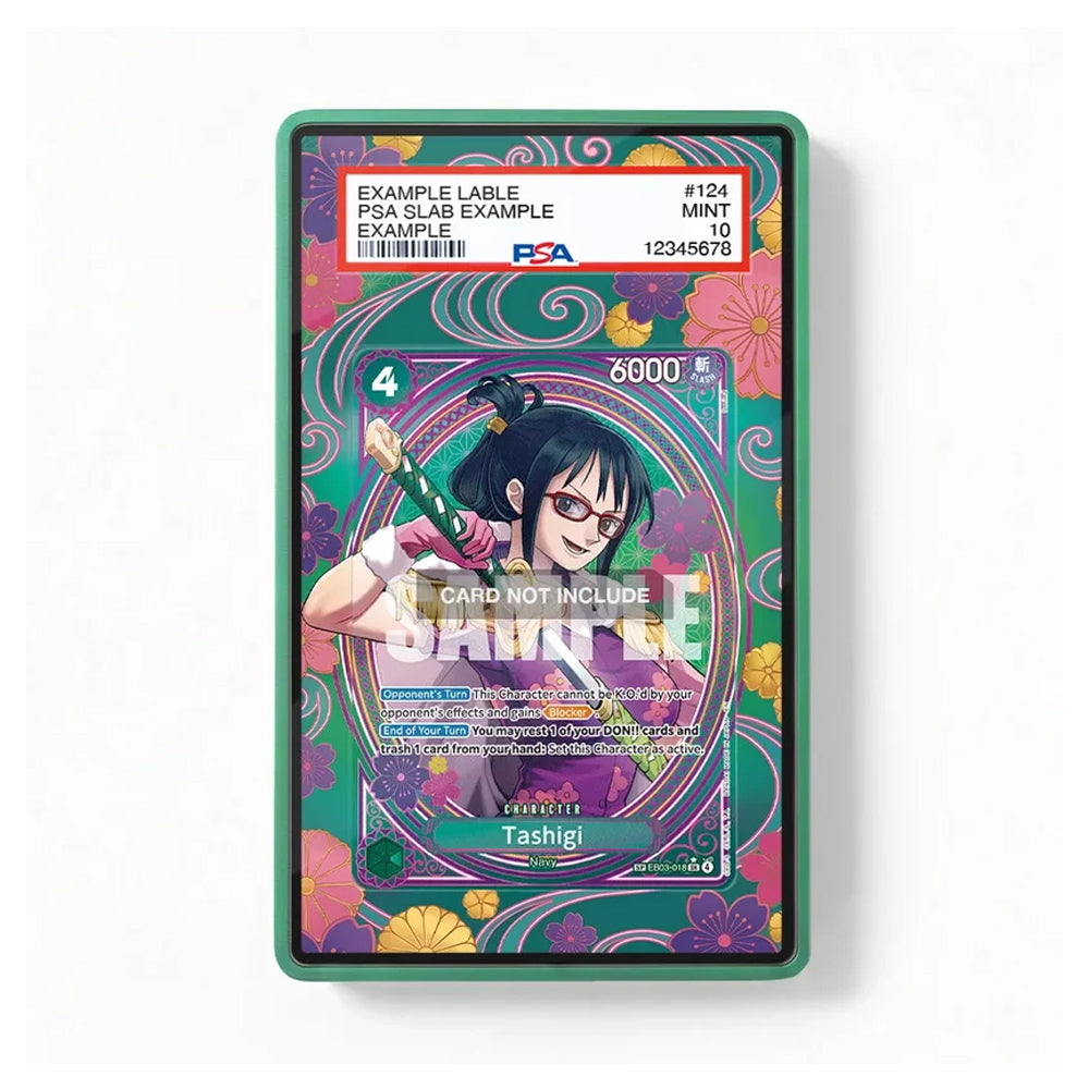 A collectible trading card graded and sealed by PSA, shown inside a green protective slab against a clean white background. The card features an anime character with glasses and a bow, surrounded by colorful floral and swirl patterns.