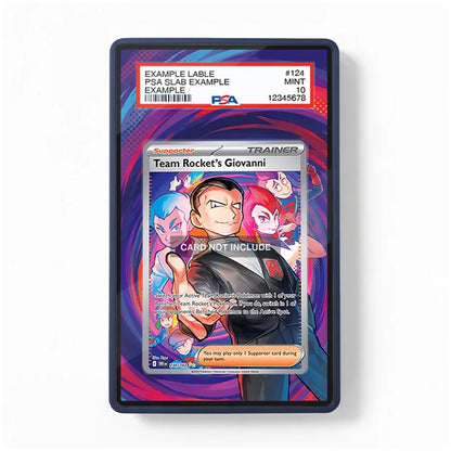 A PSA graded display card holder containing a custom-designed Team Rocket Giovanni trainer card, shown against a plain white background.