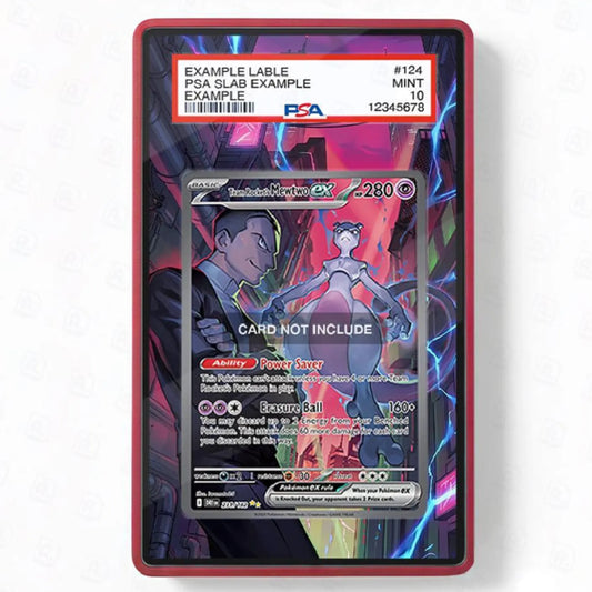 Pokémon trading card in a protective case with label