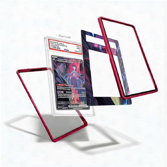 Card with protective red border and transparent cover on a white background
