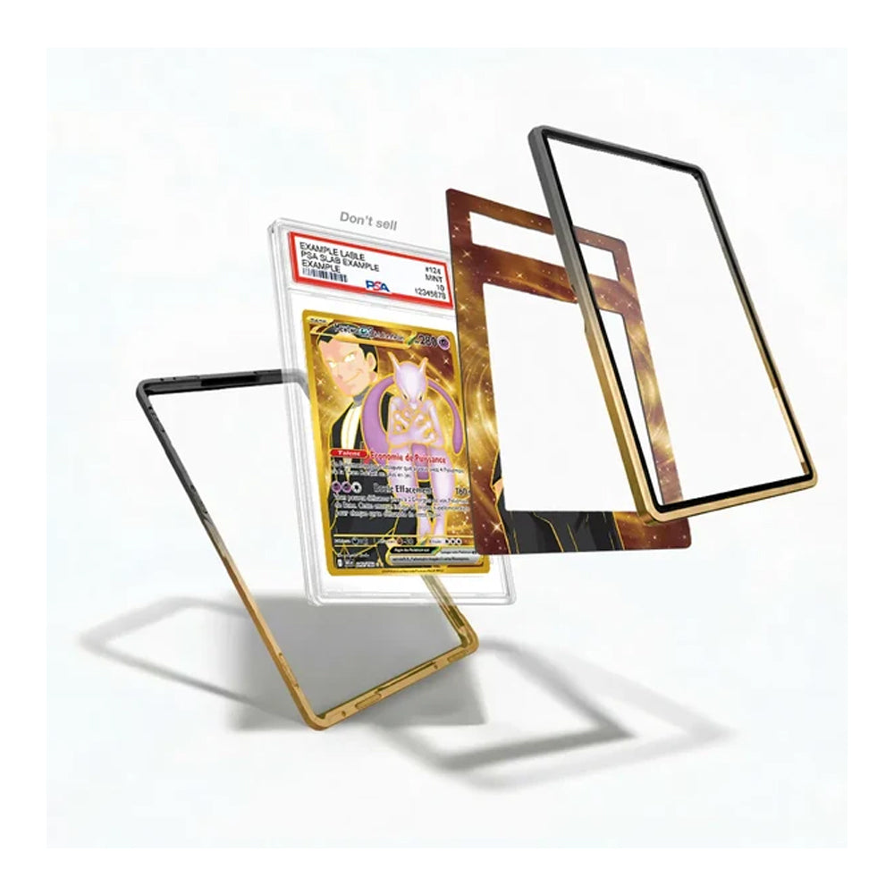 Three transparent protective frames with black, gold, and brown marble patterns are shown floating around a graded holographic trading card on a white background.