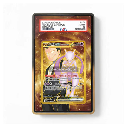 A PSA graded holographic Pokémon TCG card in a clear protective slab with a black border, shown on a white background. The slab includes a red PSA label at the top and a gold foil border around the card.