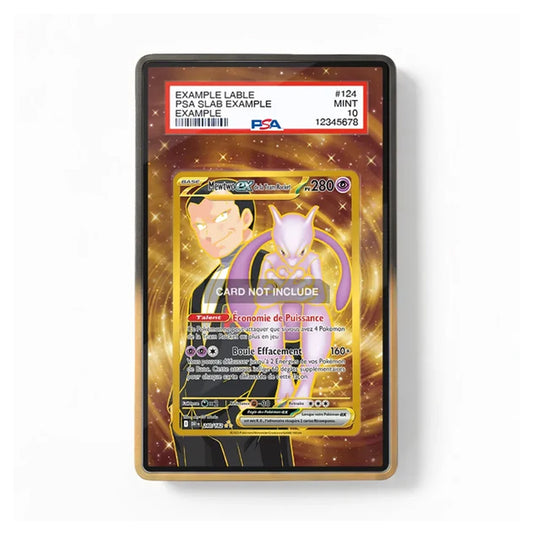 A PSA graded holographic Pokémon TCG card in a clear protective slab with a black border, shown on a white background. The slab includes a red PSA label at the top and a gold foil border around the card.