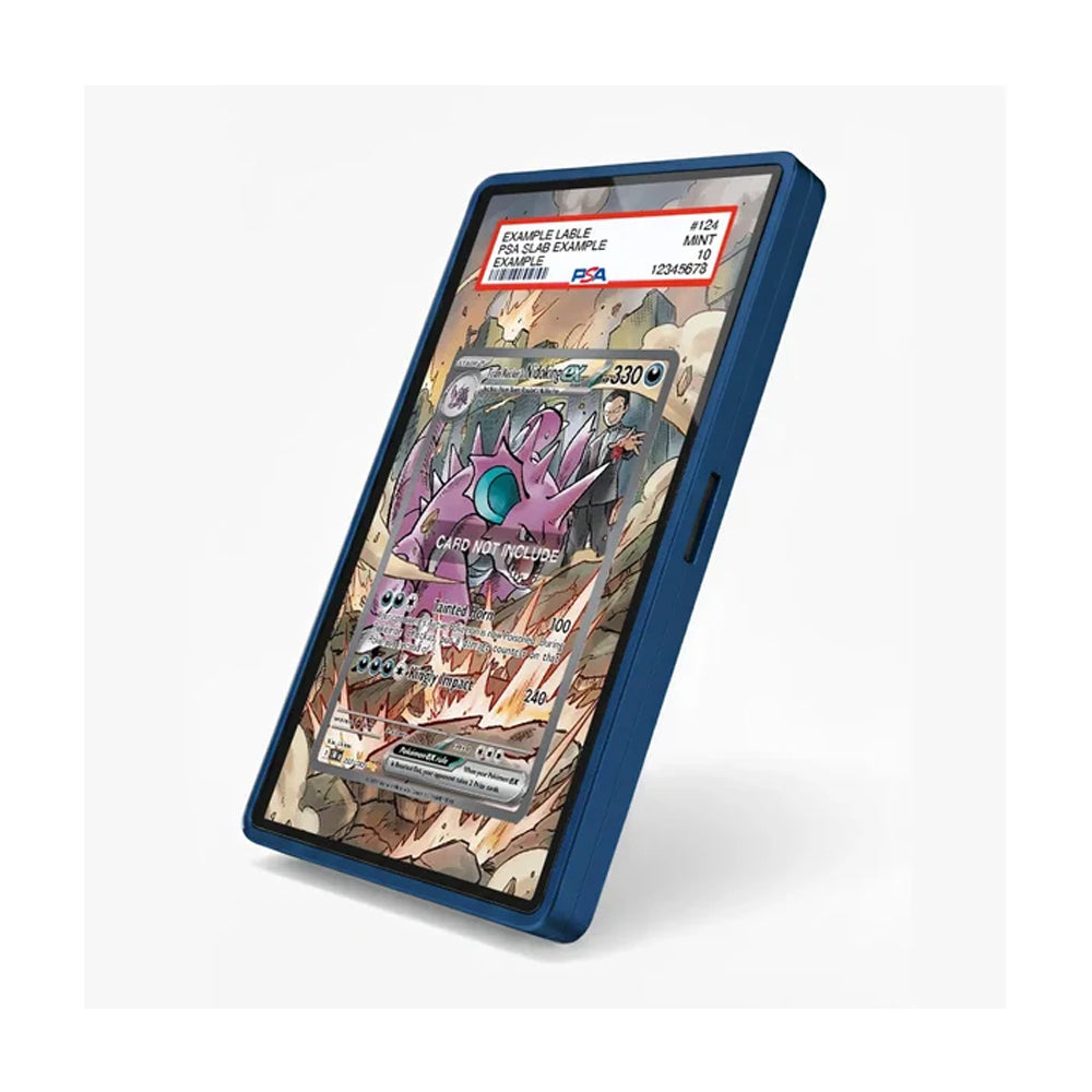 A blue protective phone case shown at an angle, featuring a printed sample Pokémon trading card design on the screen with a PSA label overlay.