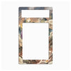 A rectangular decorative plate or frame insert with rounded corners, featuring an illustrated border of small cartoon-like characters and a large blank white center cutout, shown on a plain light gray background.